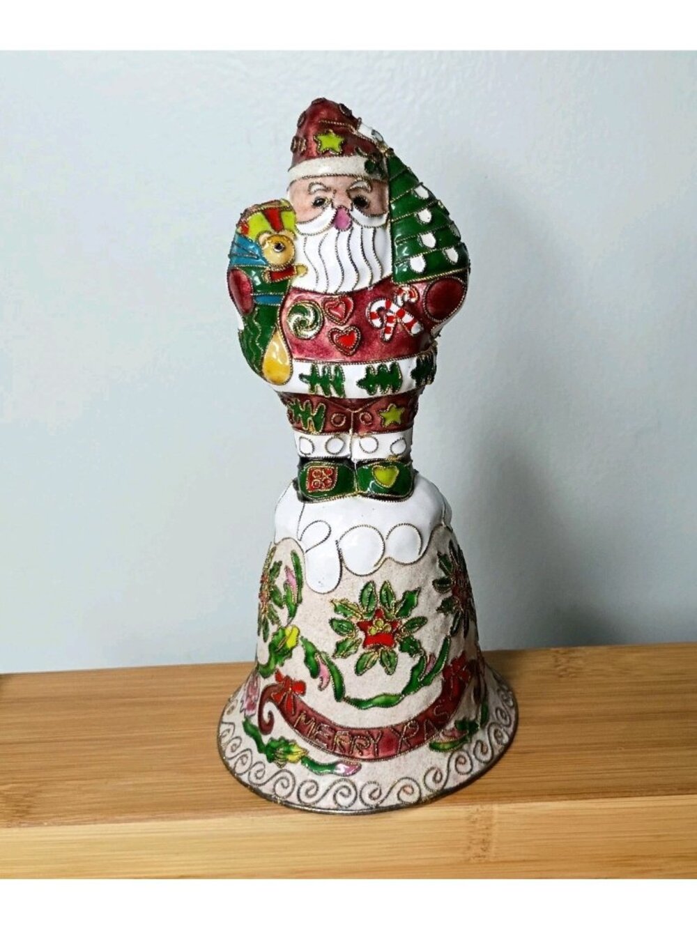 Vintage Enamel Brass Santa Christmas Bell 7" Holiday Decor
